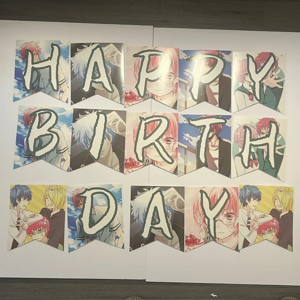 Anime, happy birthday banner,6-streamers, cupcake pick,cake pick